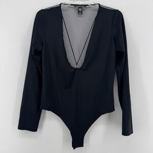Victoria's Secret Black Mesh Deep V Long Sleeve Bodysuit L/G 170104A